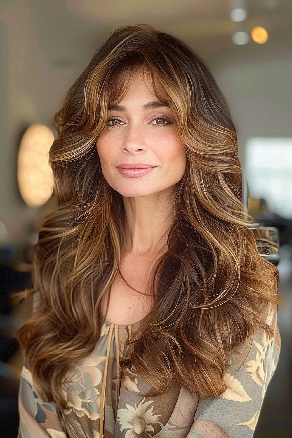 A woman with cascading long waves and blended bangs in honeyed tones