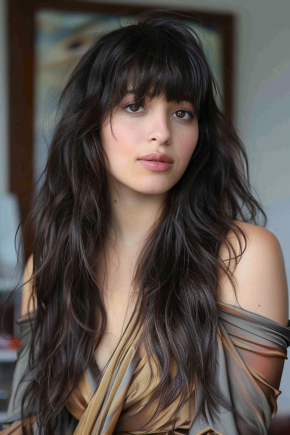 A woman with glossy, long wavy hair and softly tapered bangs