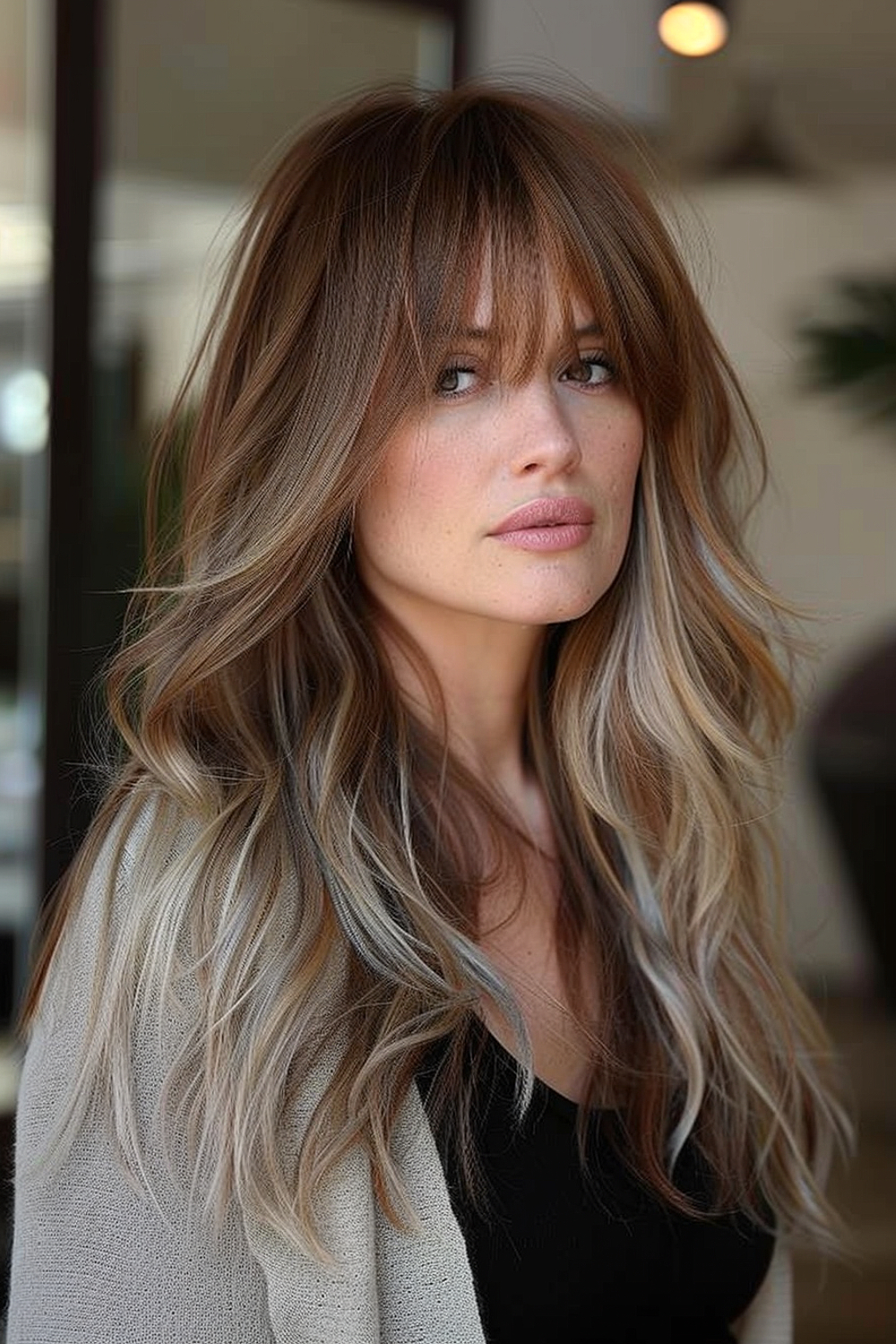 Long layered hair with a smooth transition from brunette to blonde balayage and eye-skimming bangs