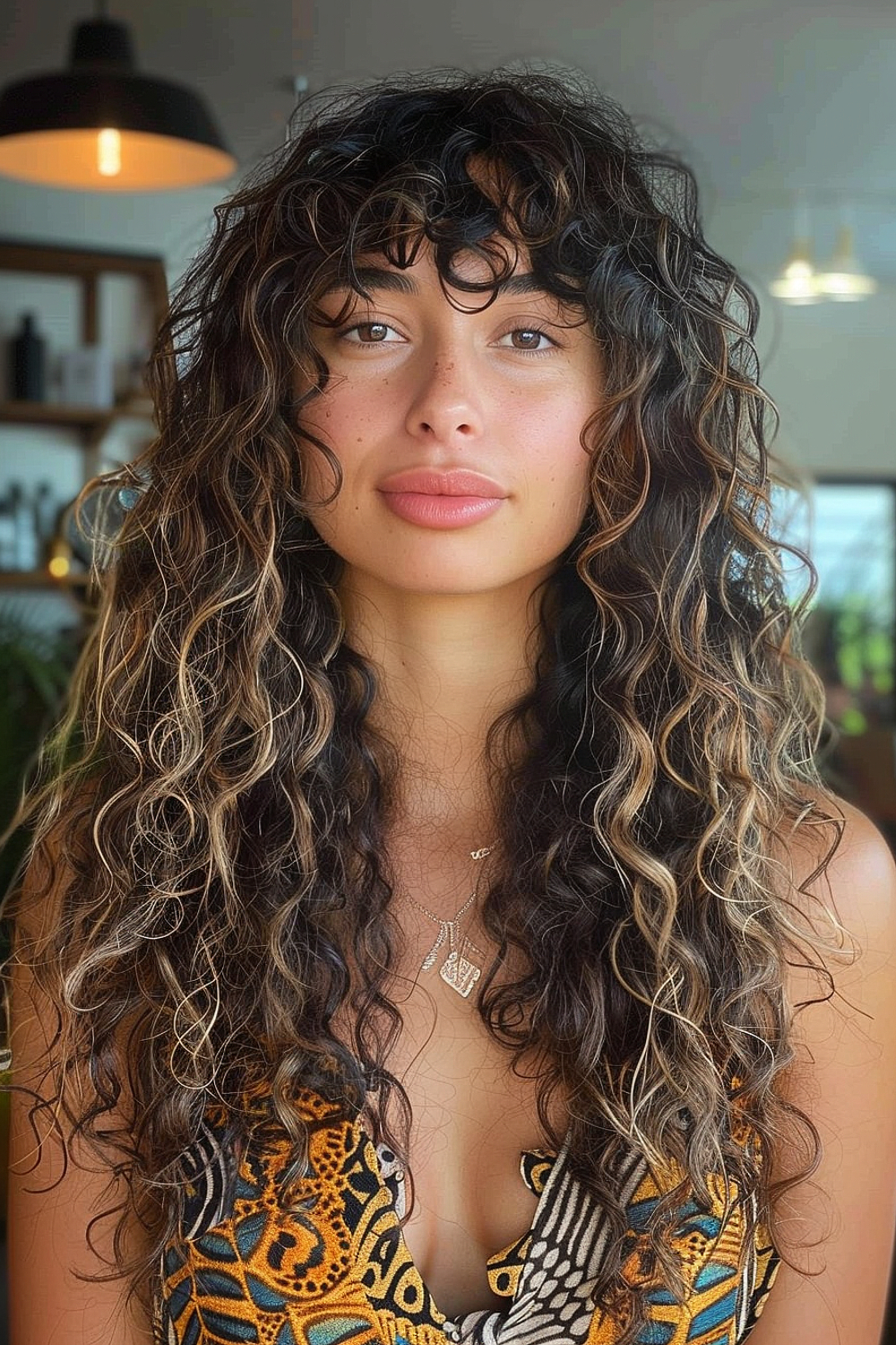 A woman with long, voluminous curly hair and soft, face-framing bangs