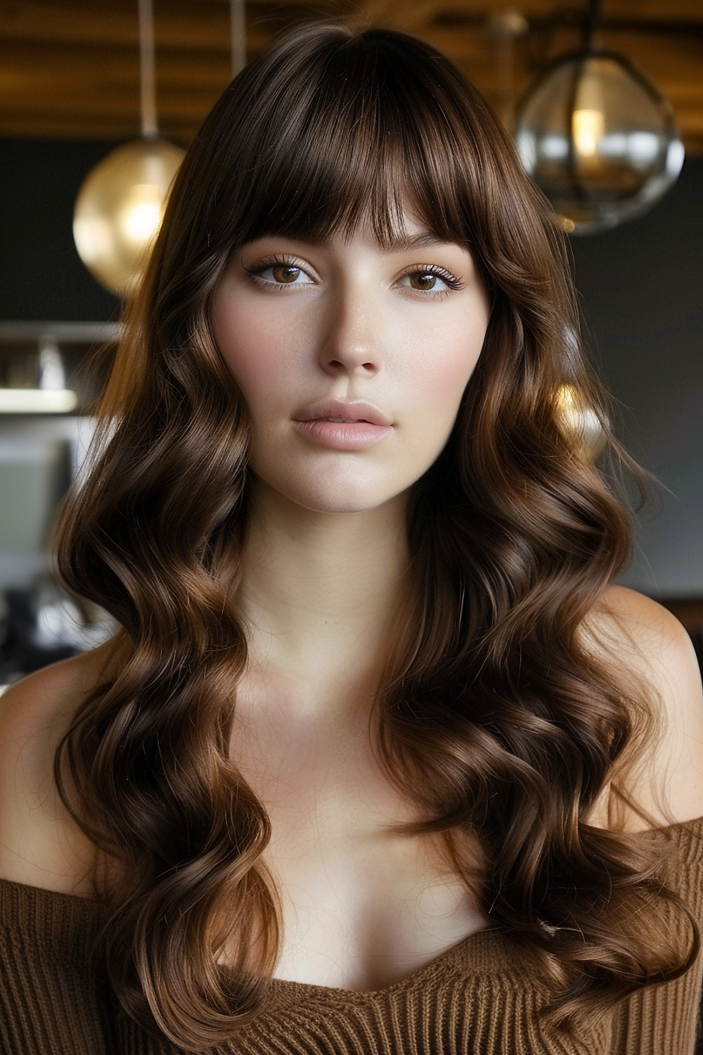 Long layered brunette hair styled into soft waves with full, straight bangs