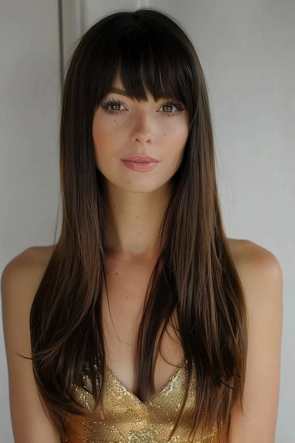 Long, straight chocolate brown hair with precise straight bangs