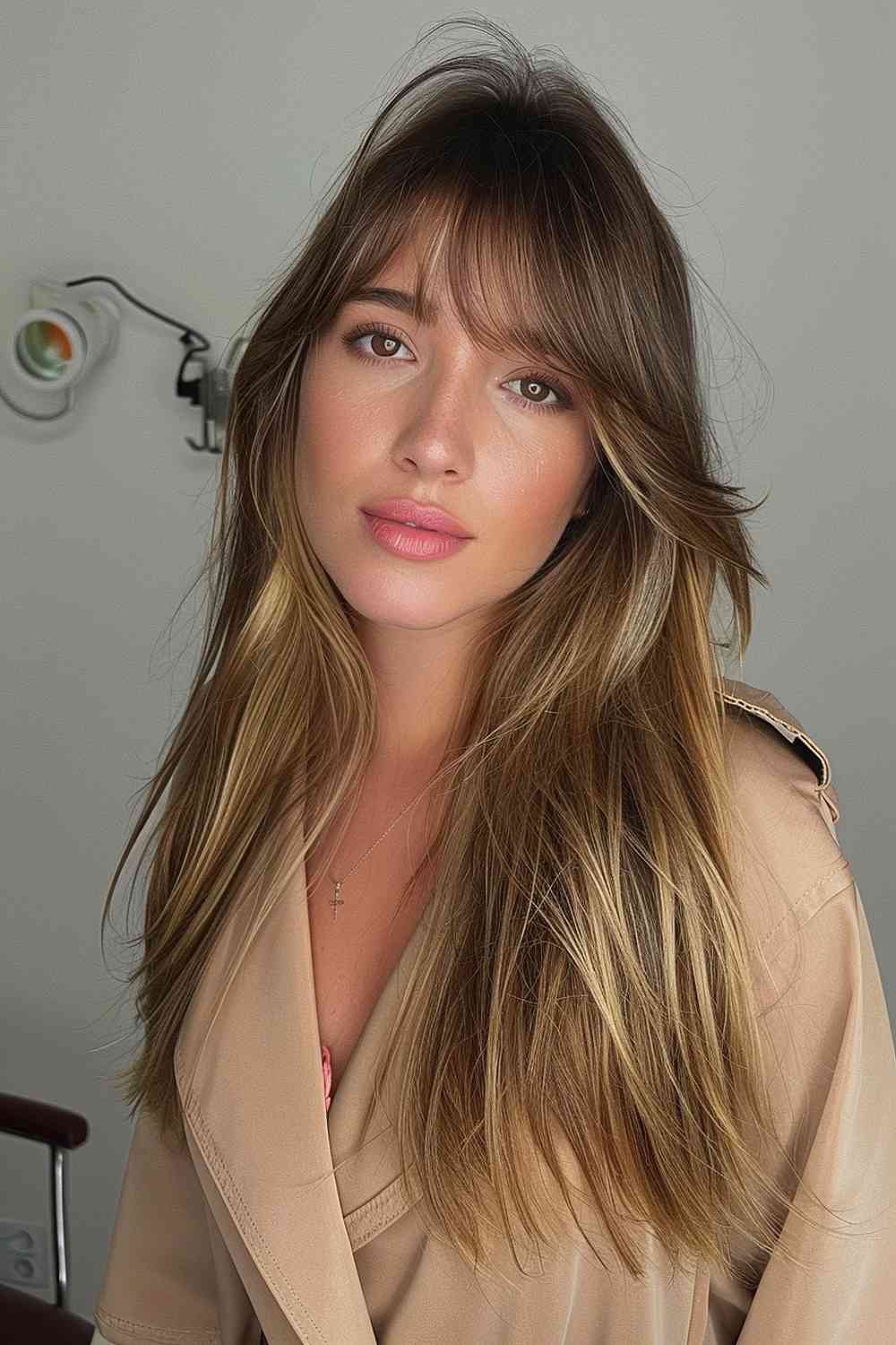 A woman with long straight hair and soft, brushed-out bangs, featuring balayage highlights