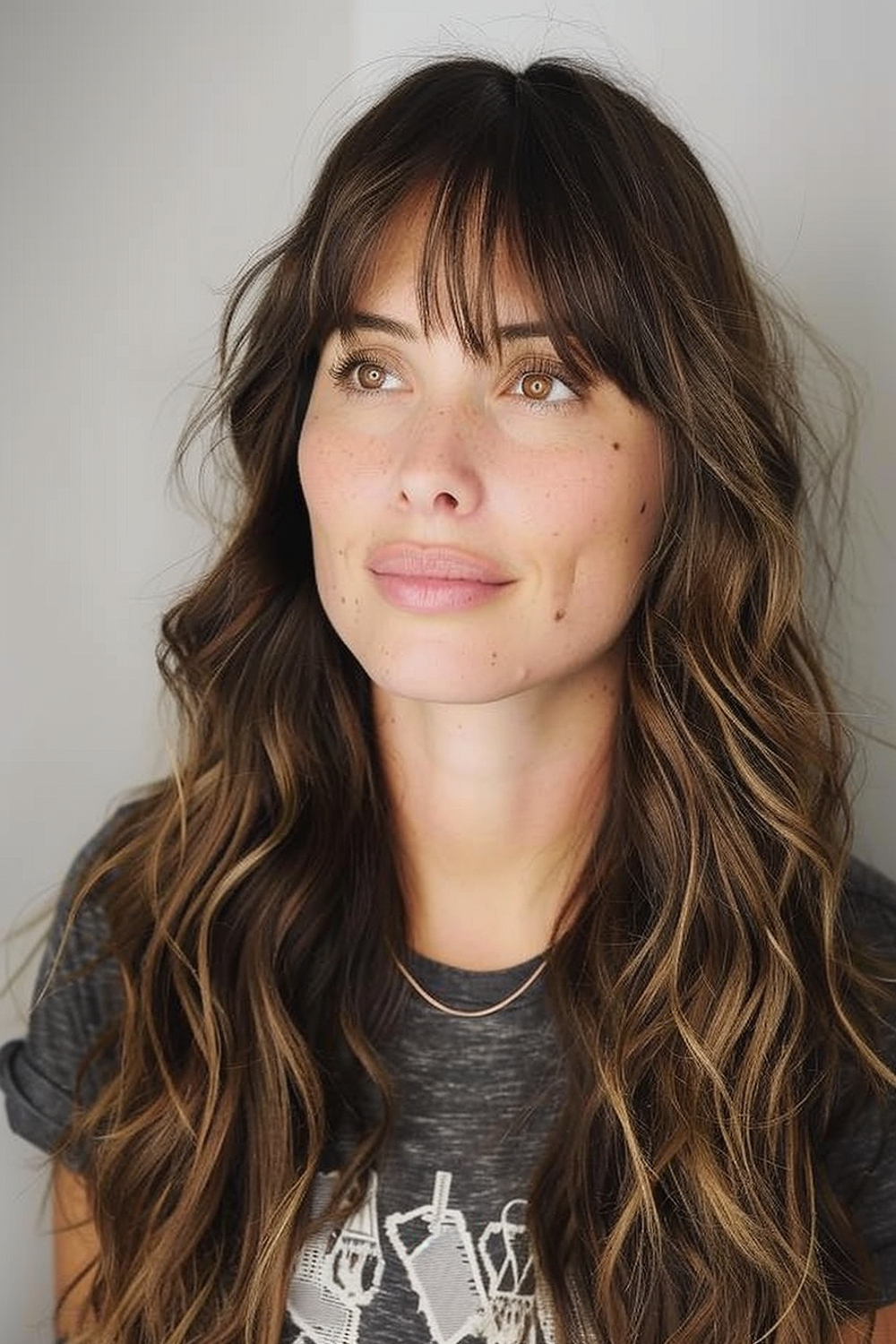 A woman with long textured waves and choppy bangs, highlighted with sun-kissed tones