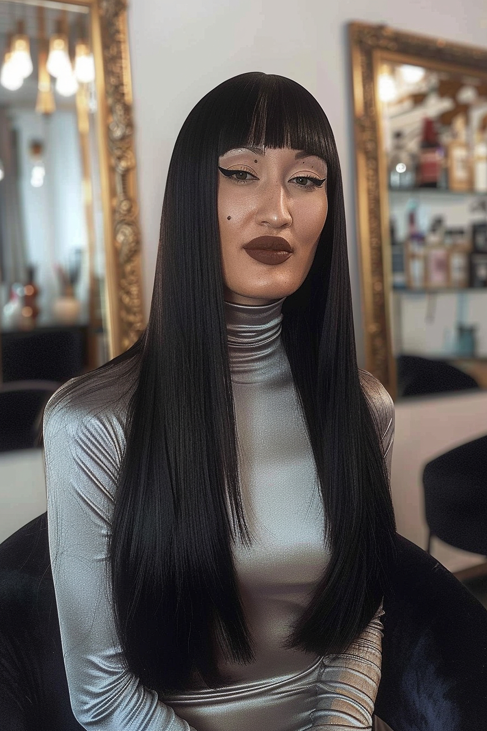 A woman with luxurious long black hair and rounded bangs