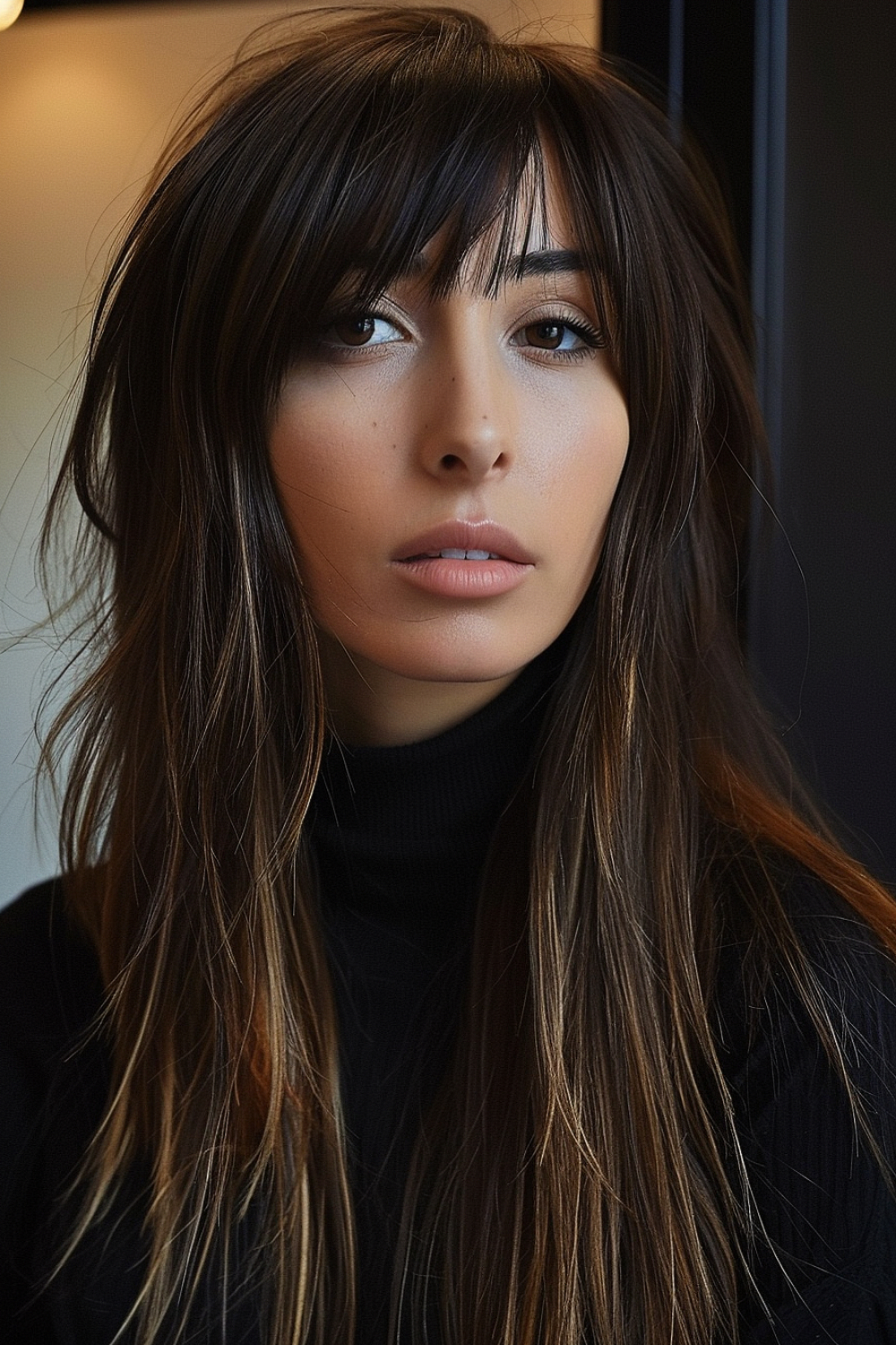 Long, razor-cut hair with jagged bangs on a woman