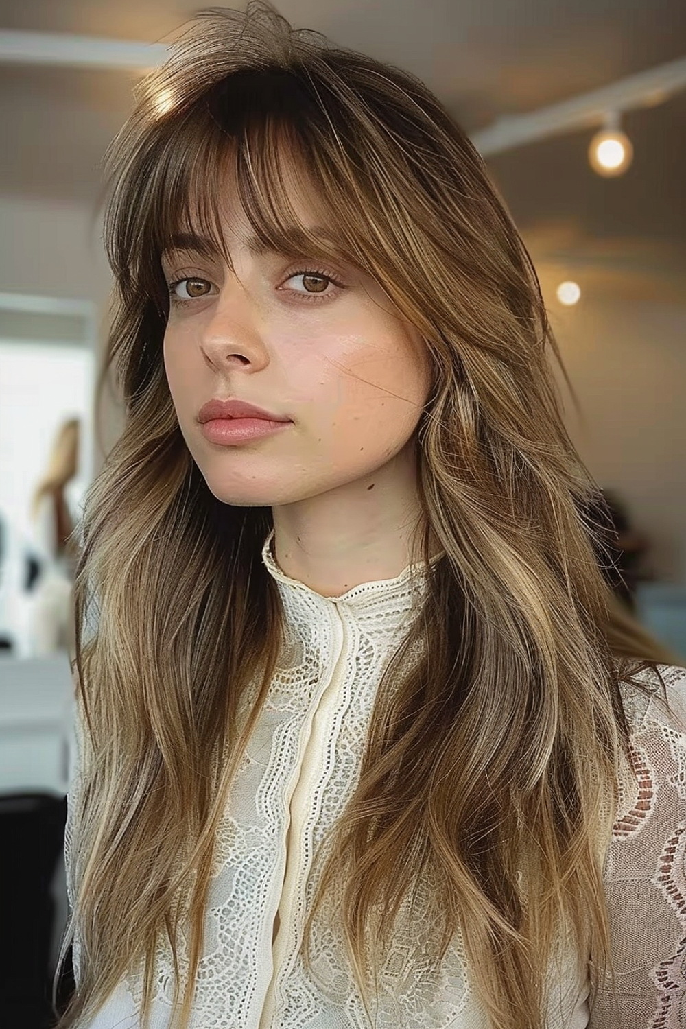 A woman with long hair and feathered bangs, showcasing a soft, romantic look