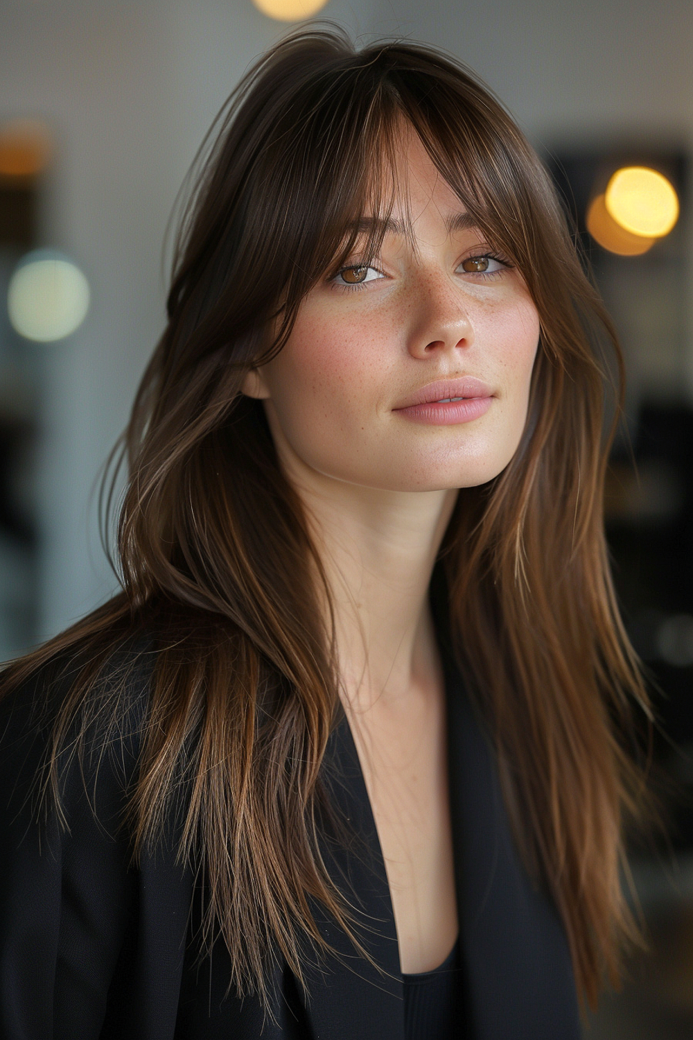 A woman with straight long hair and effortlessly parted bangs