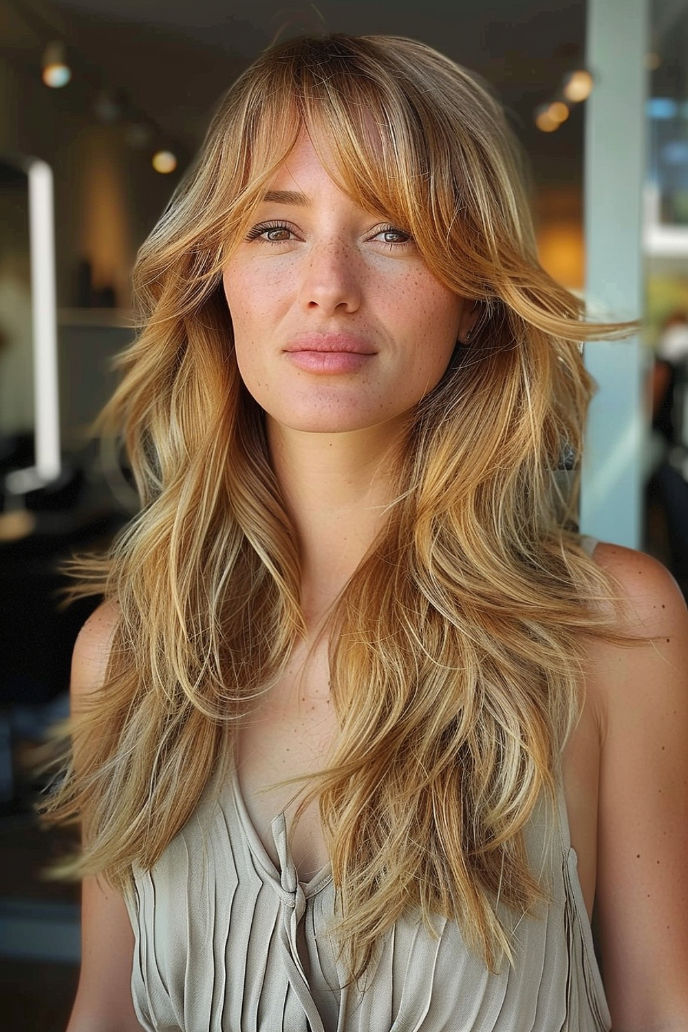 A woman with long sun-kissed waves and delicate curtain bangs