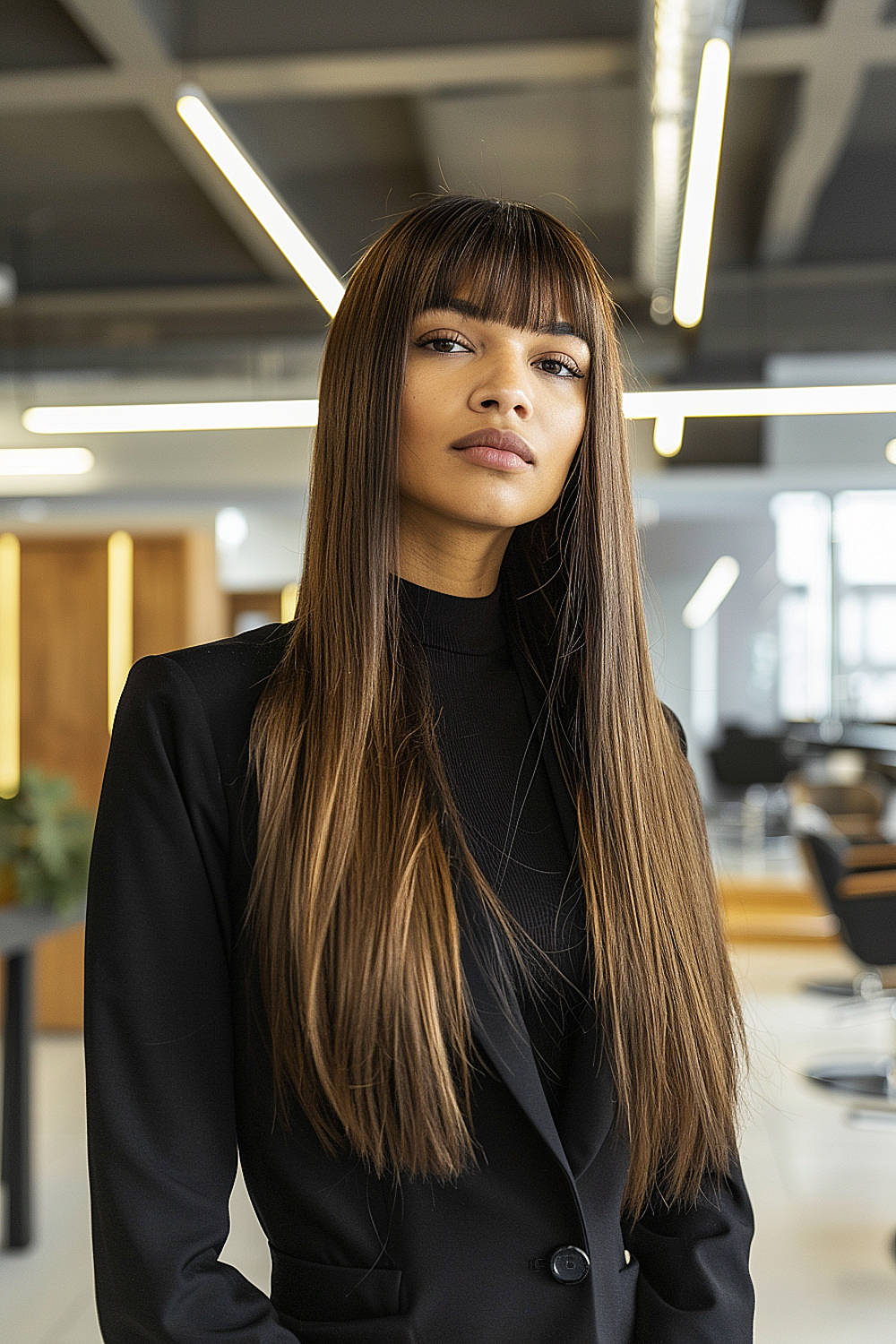 Woman with tan skin and ultra-long, sleek, straight hair paired with blunt bangs