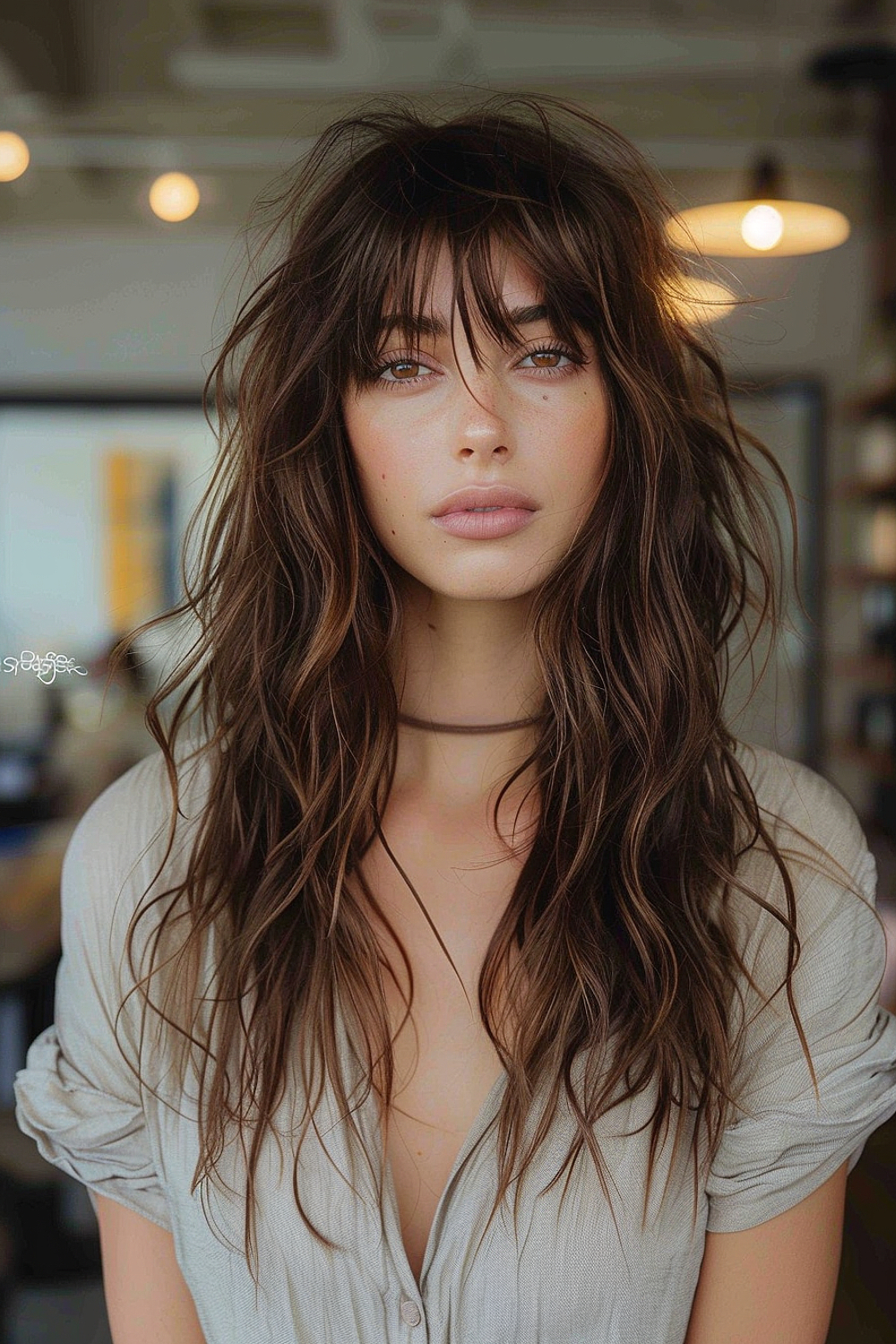 Model with long windswept layers and feathered bangs