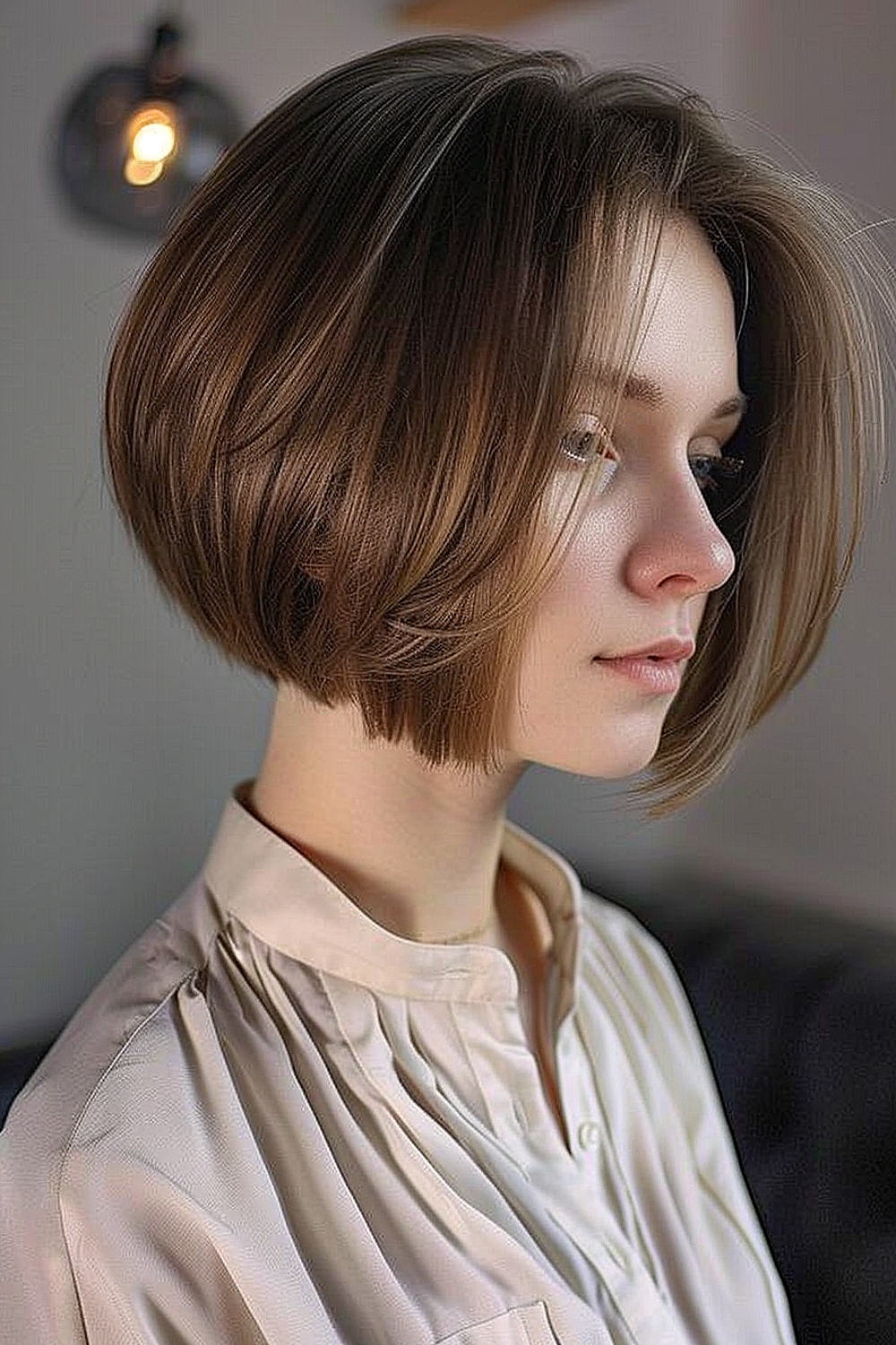 A-line bob with a sharp graduation and soft layers for fine hair