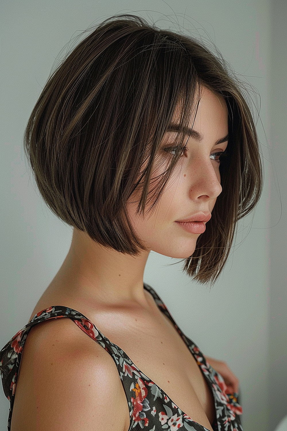 A woman with a sleek A-line bob featuring chocolate base and subtle highlights