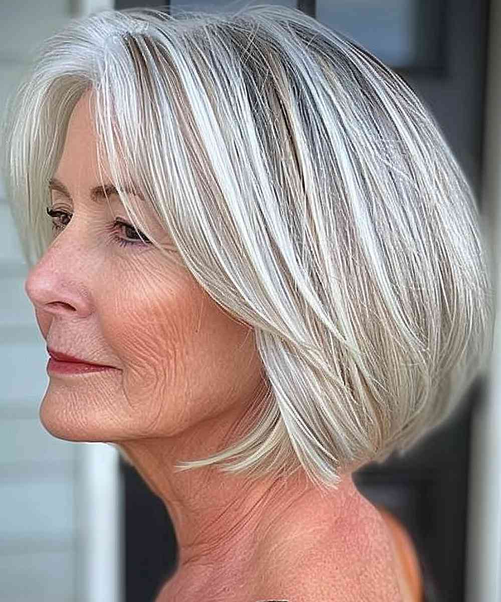 Profile view of a woman with a sleek icy blonde A-line bob