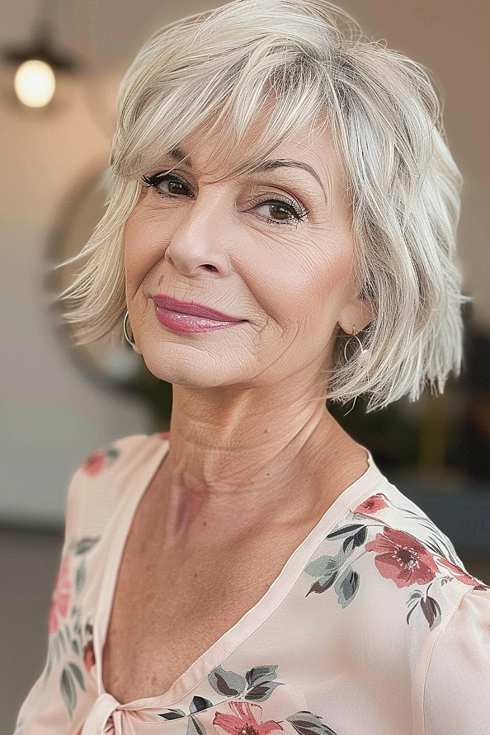 A woman with an airy choppy bob in a blend of silver and ash blonde, styled with a youthful bounce