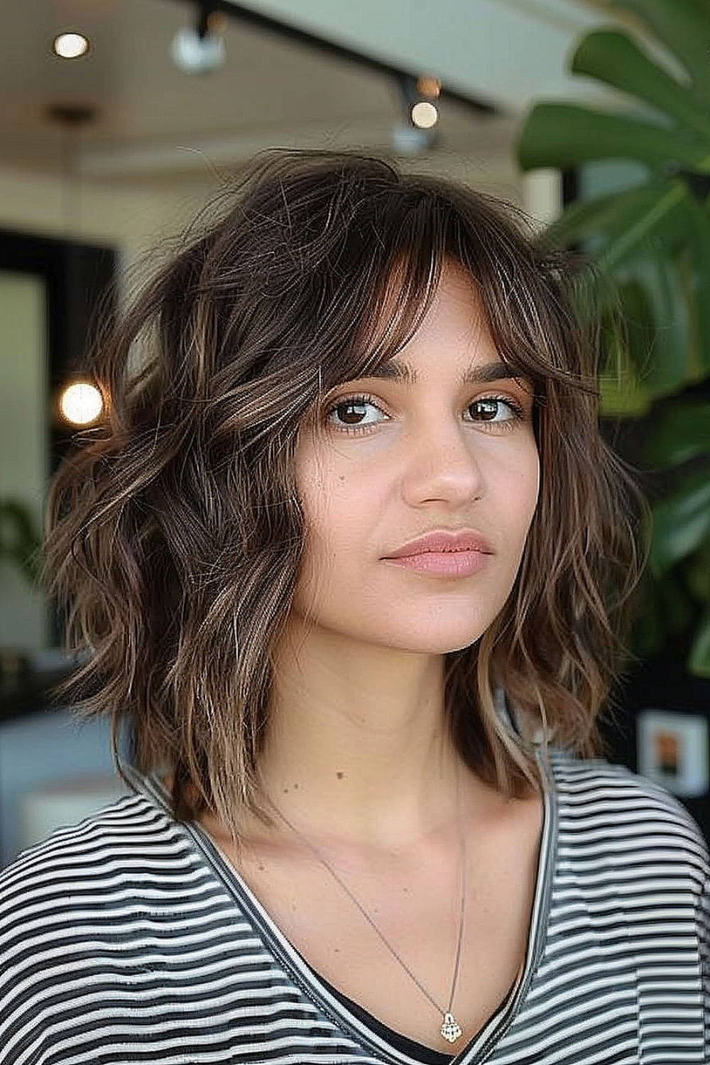 Woman with an airy shag haircut and soft curtain bangs, creating a relaxed and chic look.