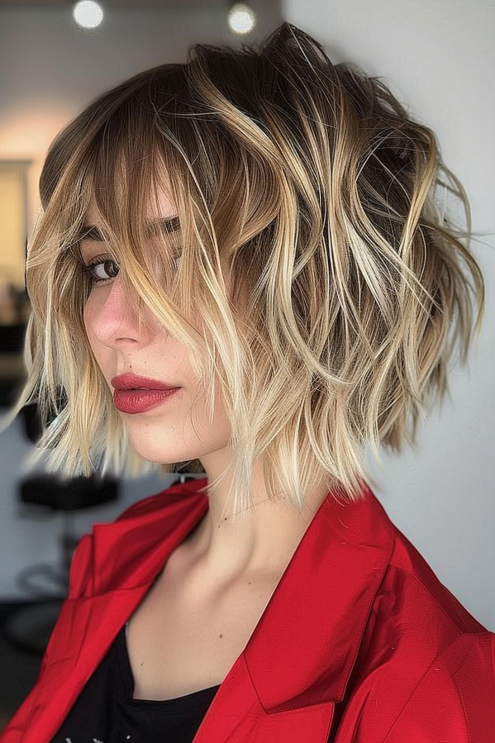 Woman with a choppy shag haircut and blonde highlights