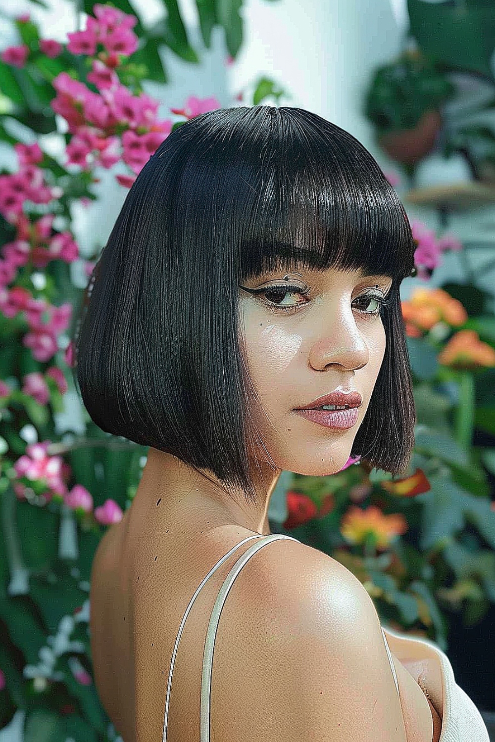 Sleek angled bob with blunt bangs on straight hair