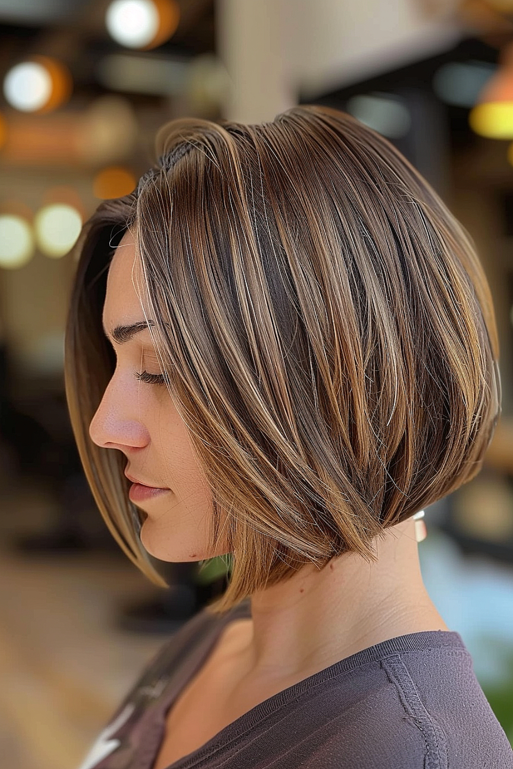 A woman with a sleek angled bob and caramel streaks against a chocolate brown base.