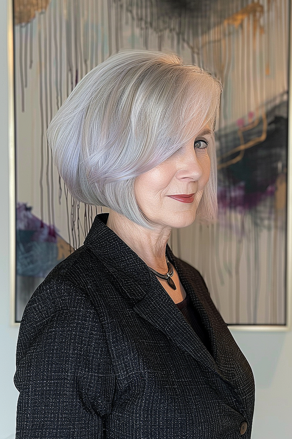 A woman with a sleek and sophisticated angled bob featuring sharp contours in a silver tone