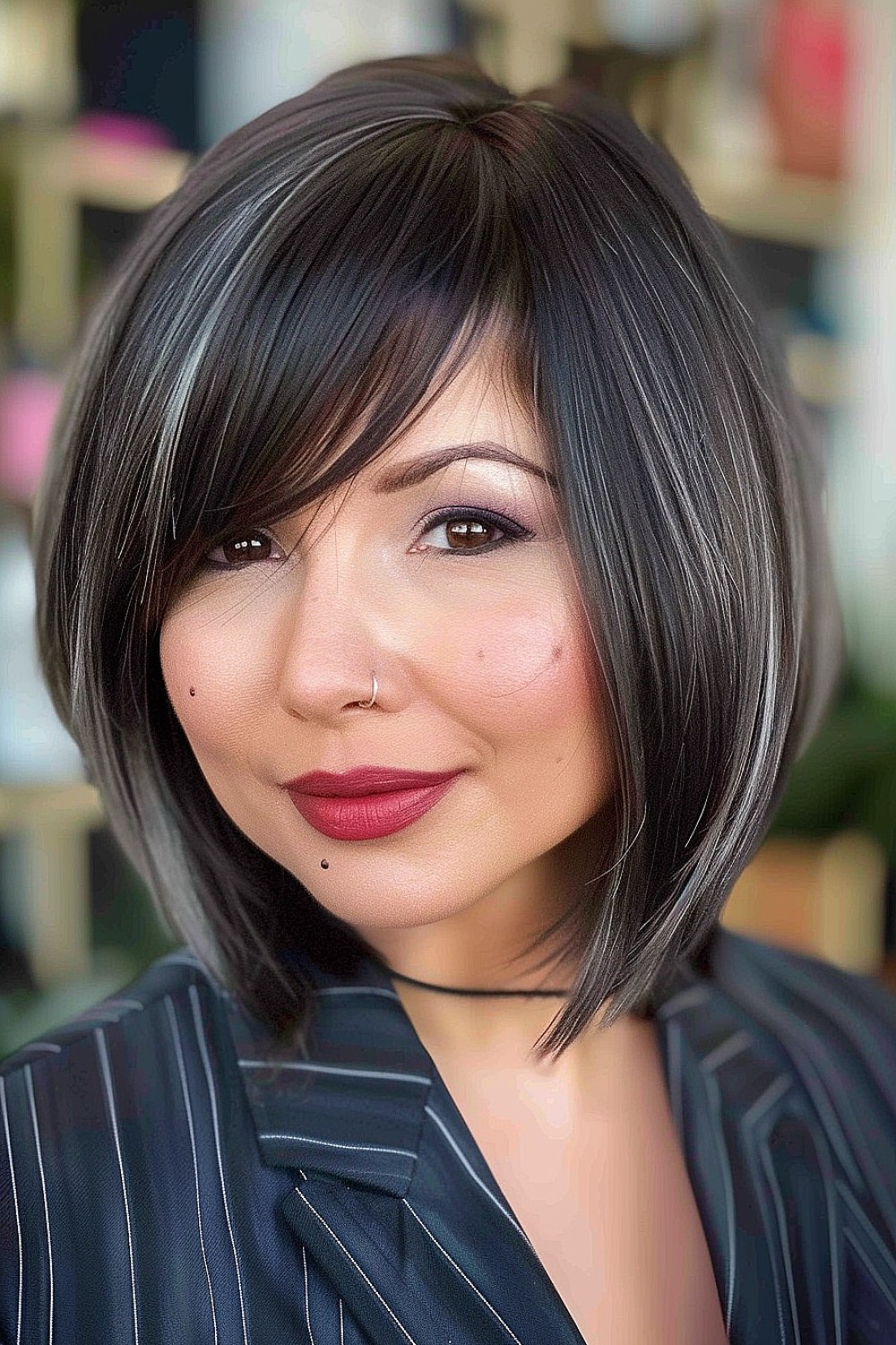 Sleek angled bob with a side part and subtle highlights