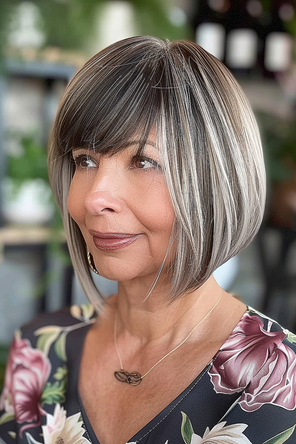 A woman with an angled bob and side-swept bangs