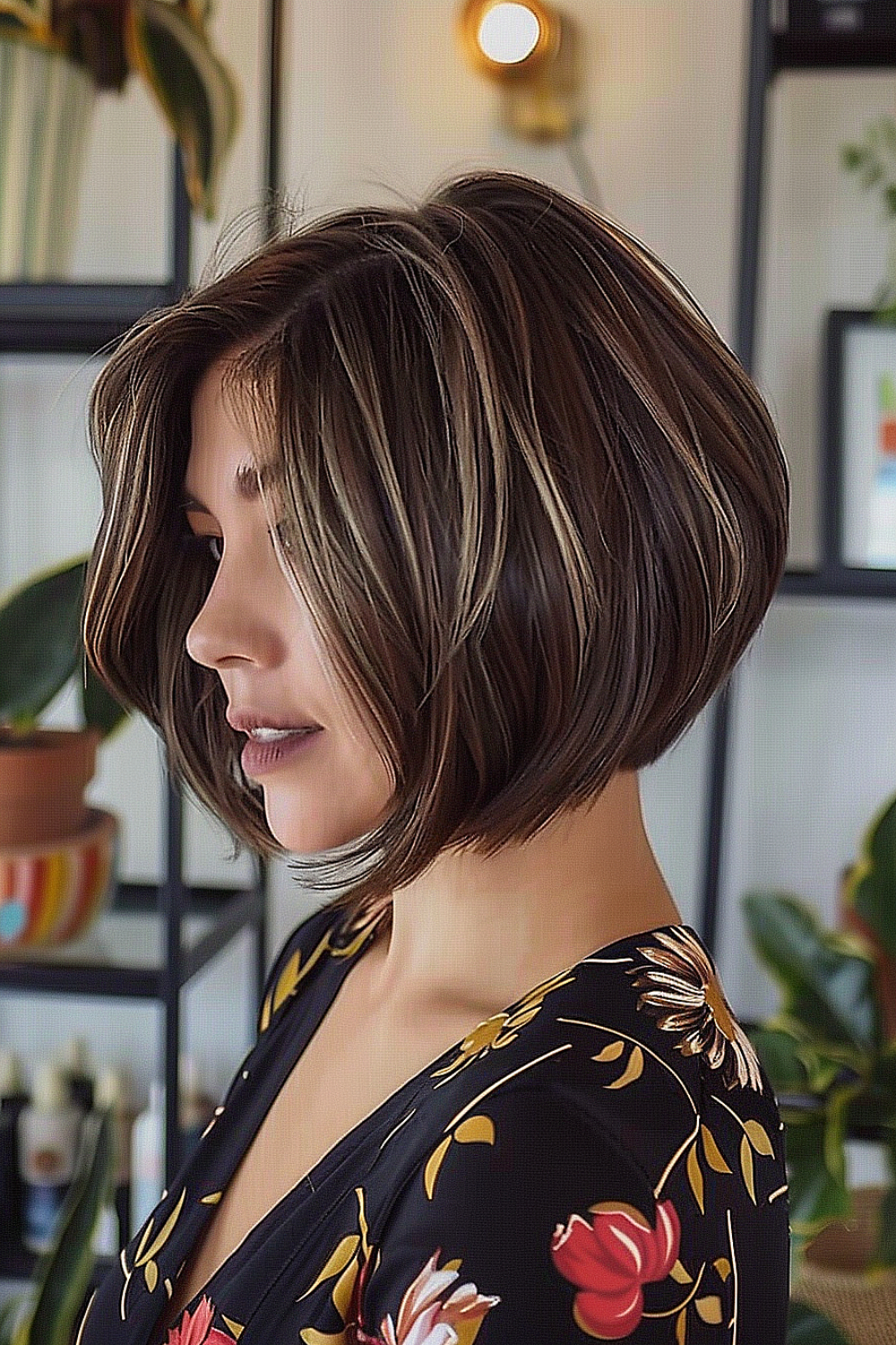 Angled bob with subtle highlights and longer front pieces