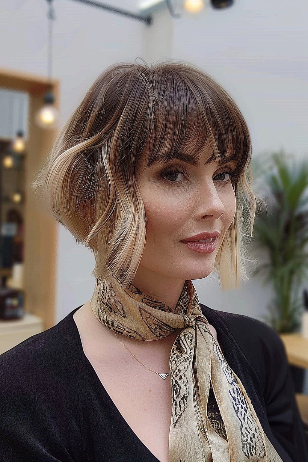 Woman with a choppy pixie cut and textured bangs in a platinum blonde shade