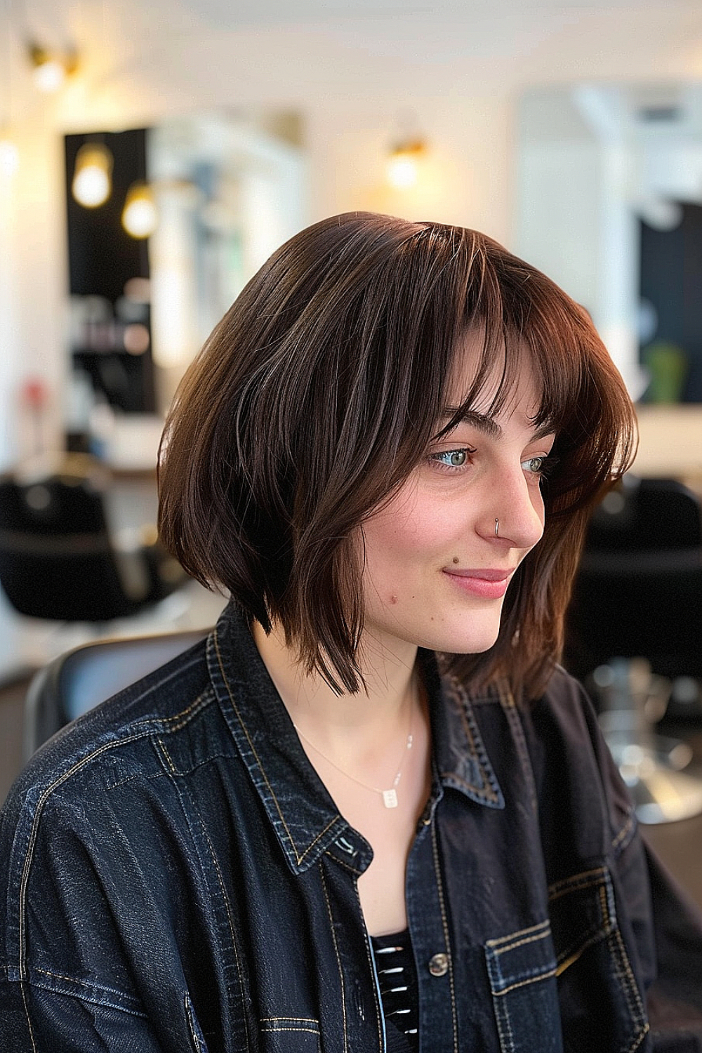 Woman with a chocolate brown angled bob and wispy bangs