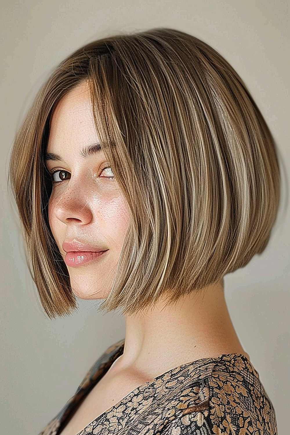 A woman with a sleek angled bob featuring beige and caramel highlights.