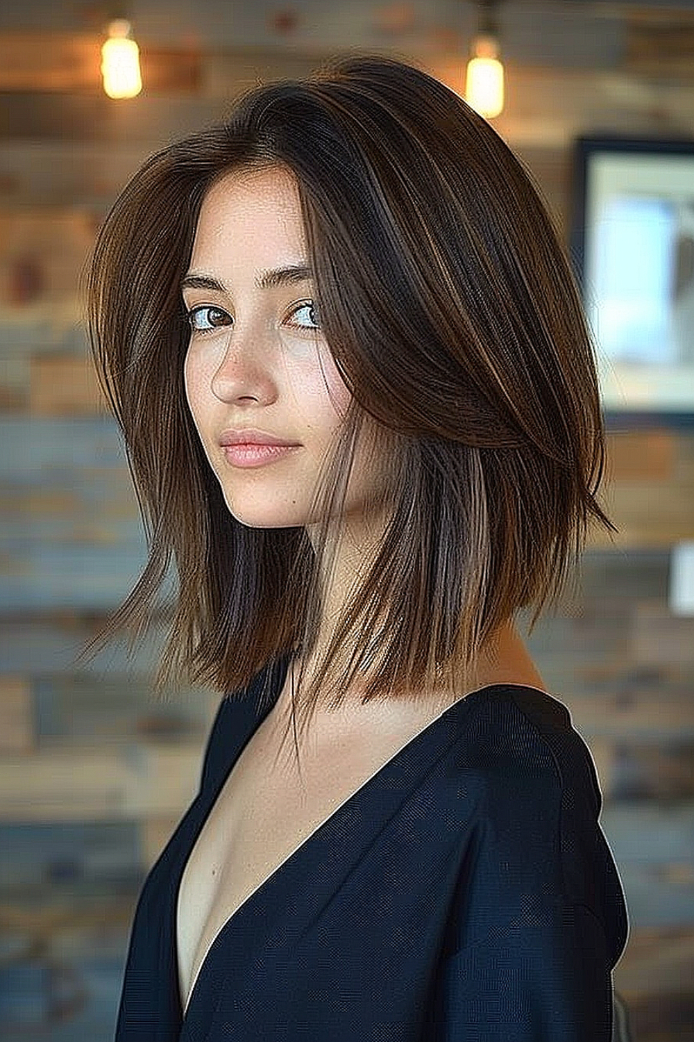 An angled long bob with subtle highlights on a woman's dark hair, creating a sleek and refined look