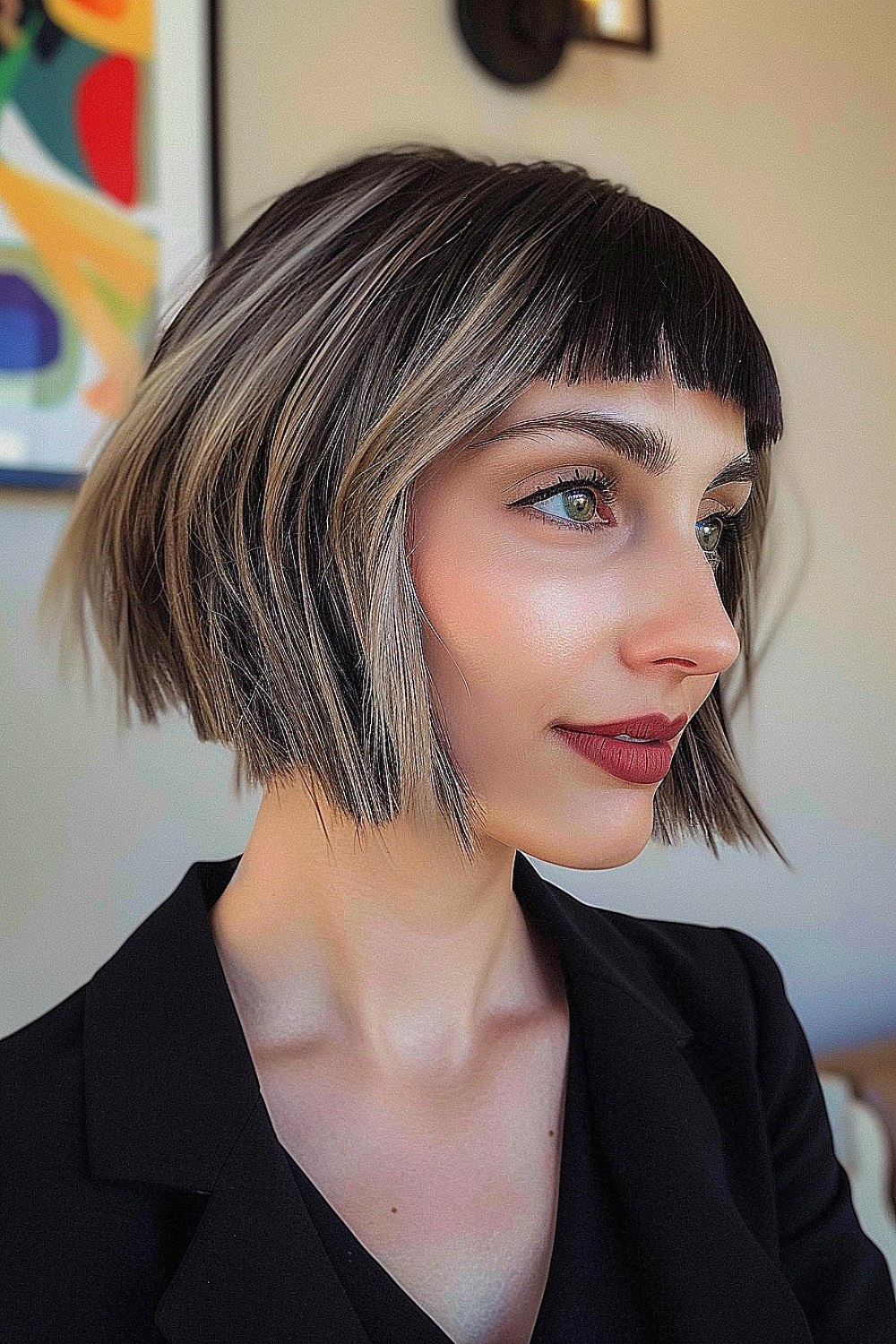 Angled razor bob with sharp edges and contrasting layers