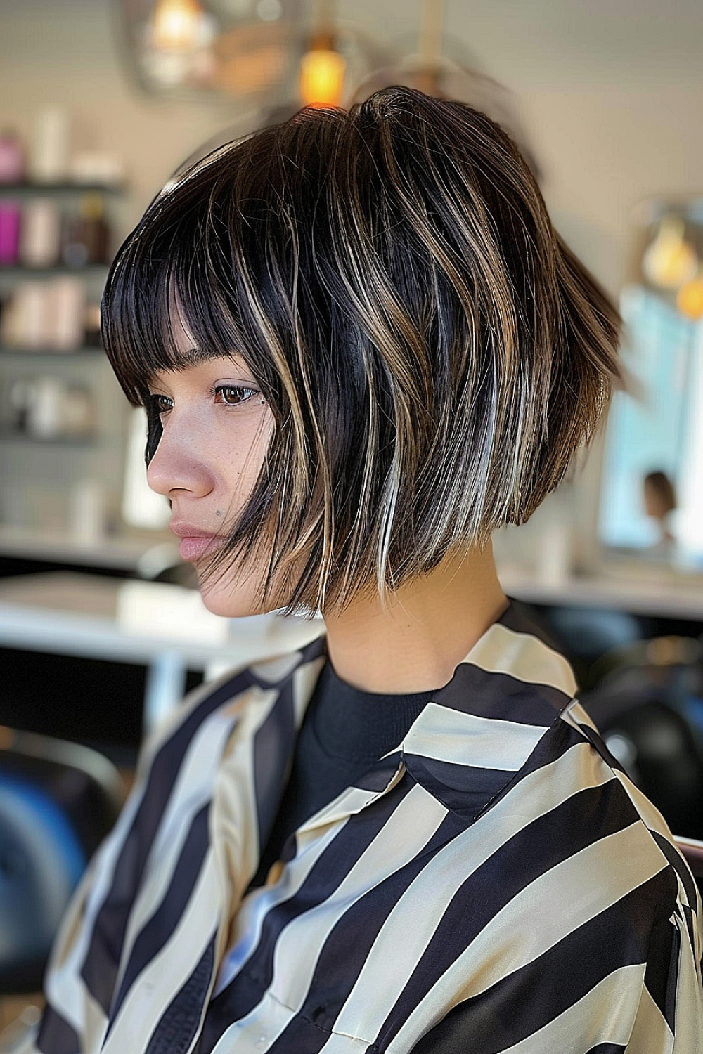 Woman with an angled shag haircut and sharp dynamics