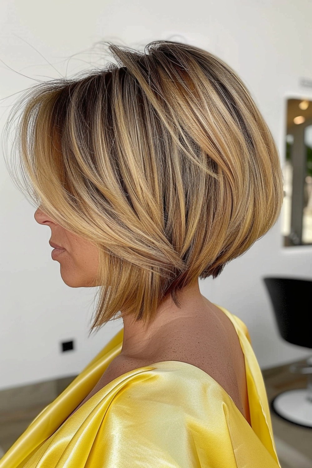 Angled stacked bob with blonde balayage