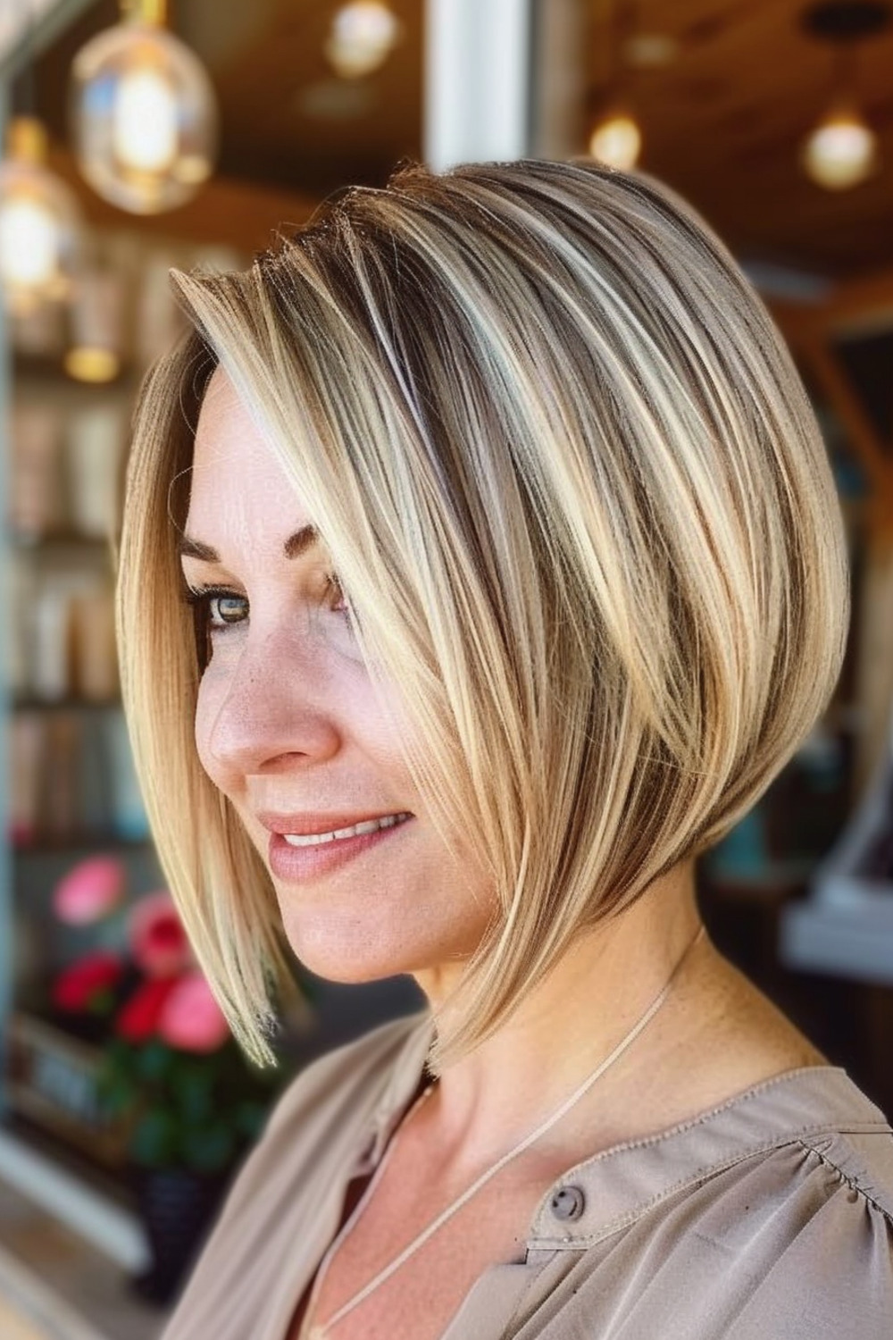 Angled stacked bob with blonde highlights