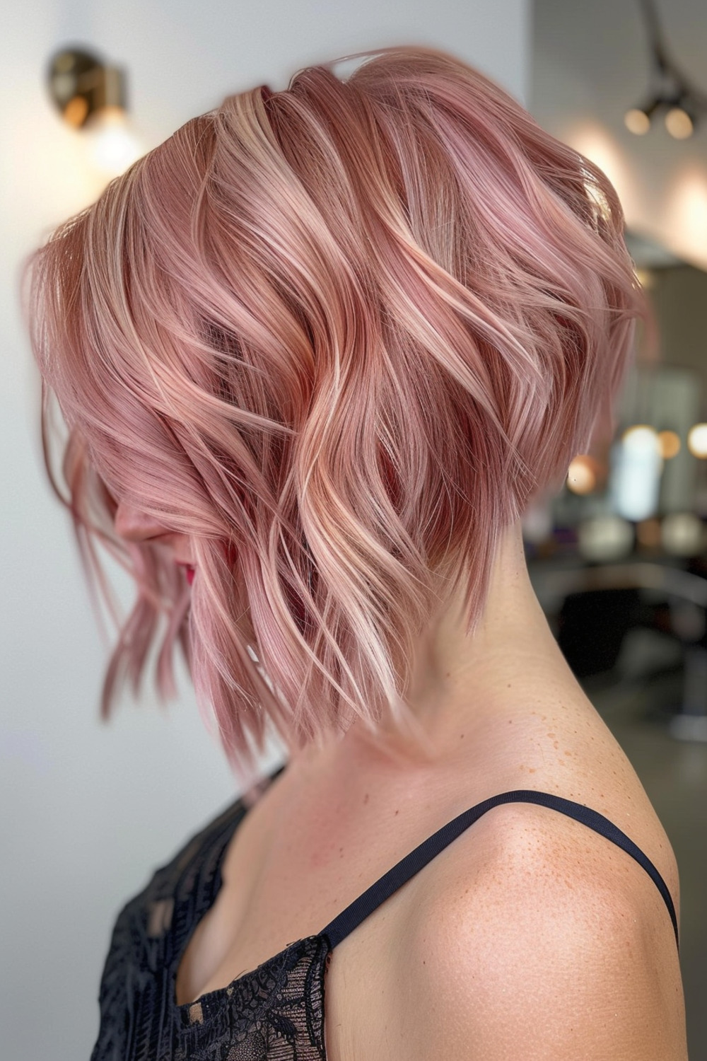 Angled stacked bob with rose gold highlights