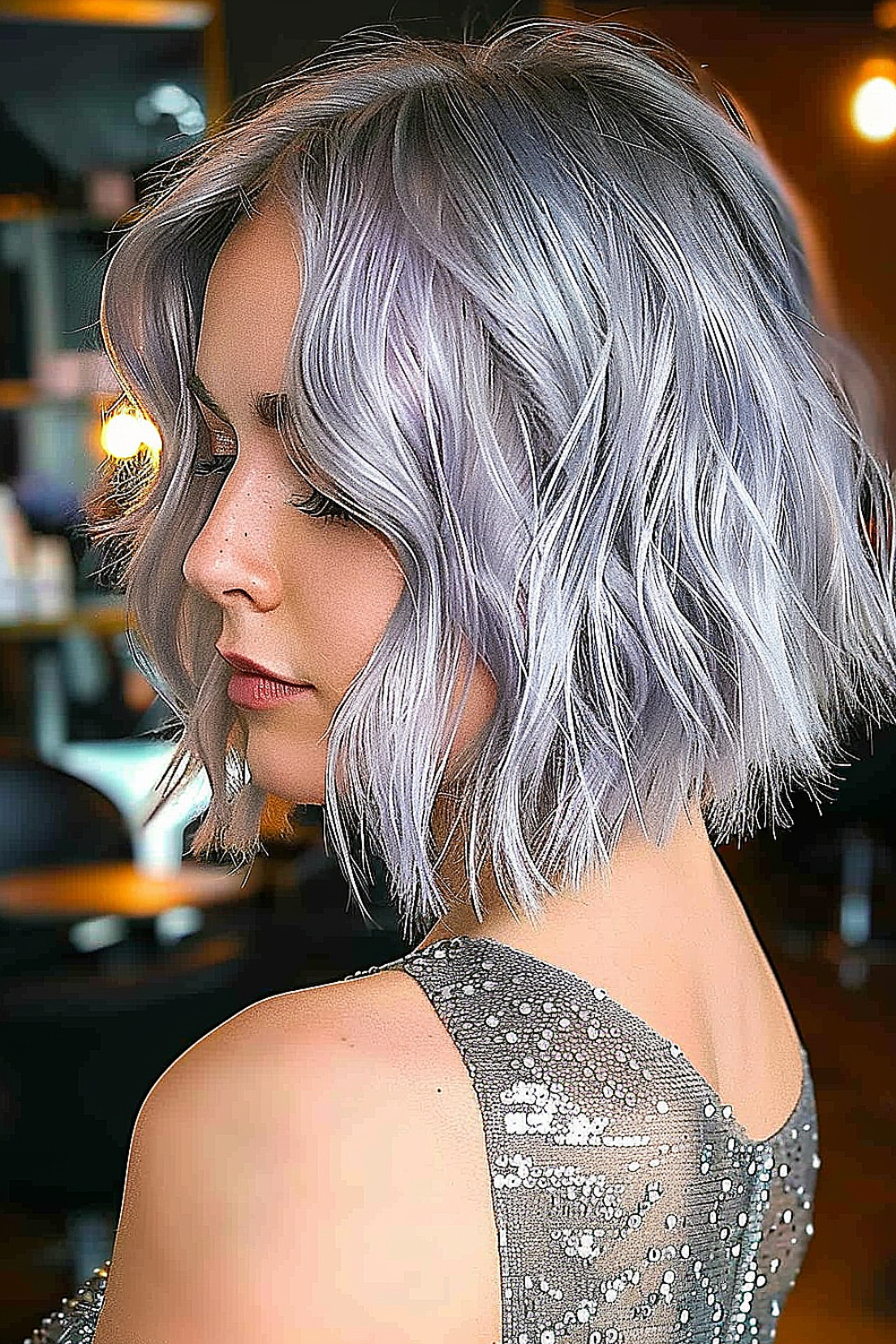 Woman with an angled textured bob and silver hair tones