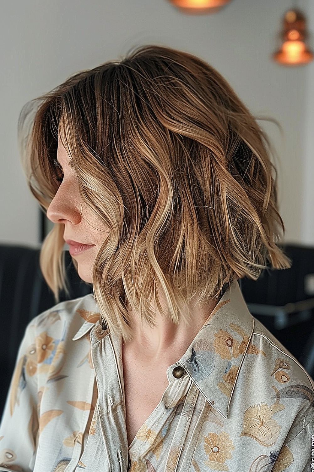 Woman with an angled wavy bob hairstyle