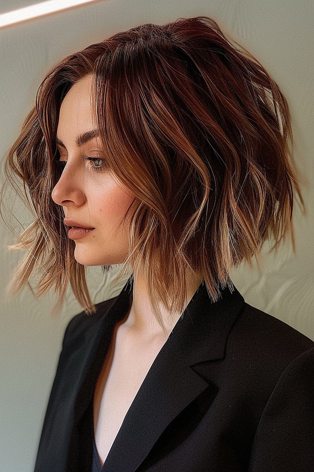 Woman with an angled wavy bob and highlights