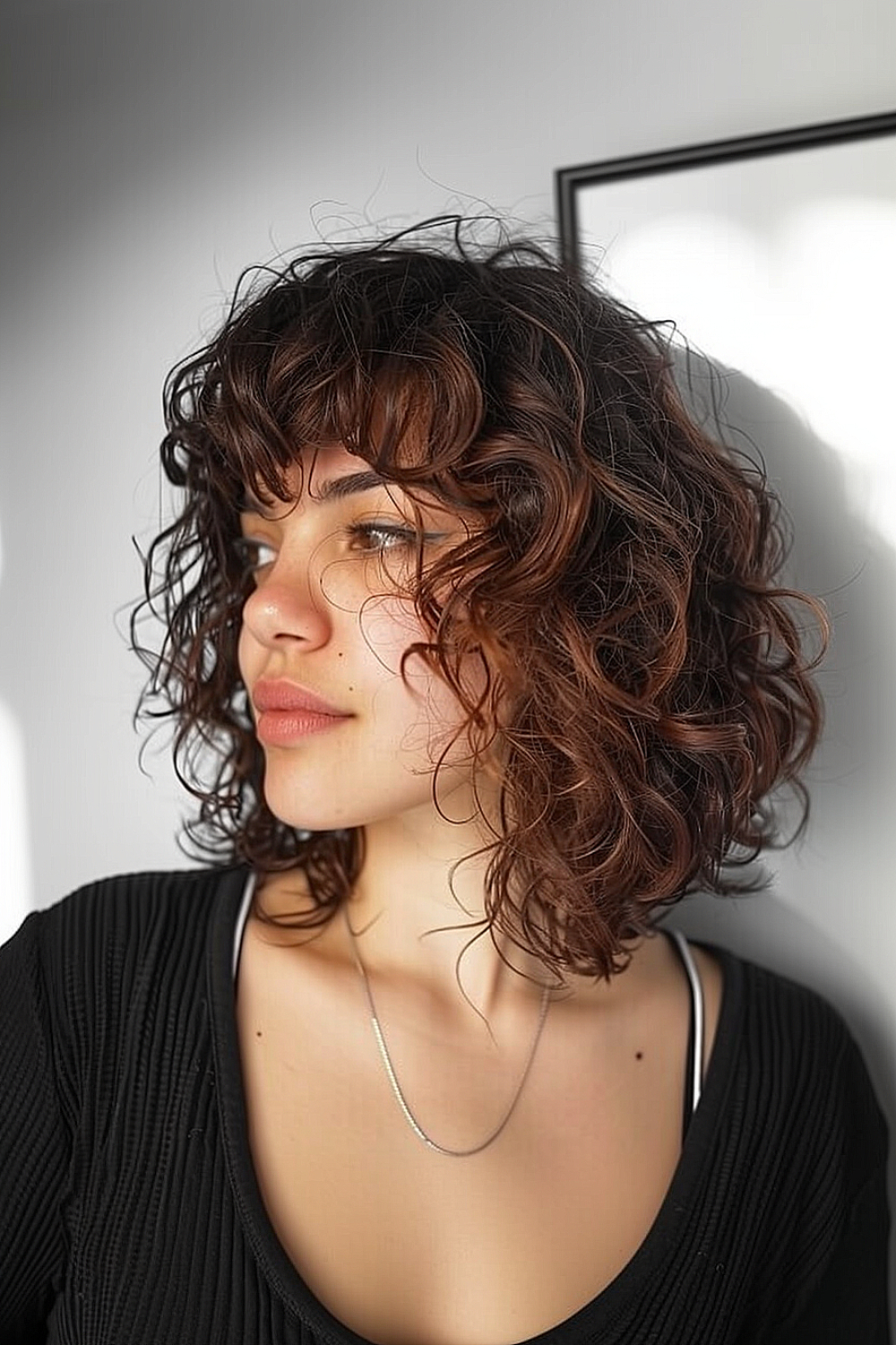 Woman with angular curly lob and bangs