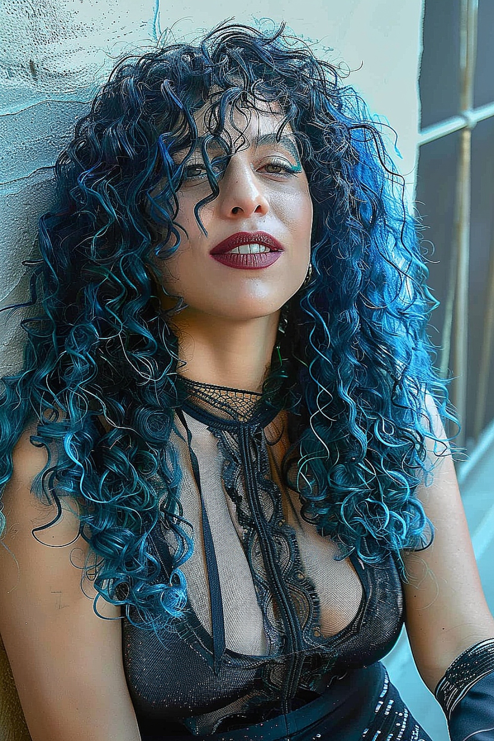 Long curls with vivid blue streaks for an artistic look