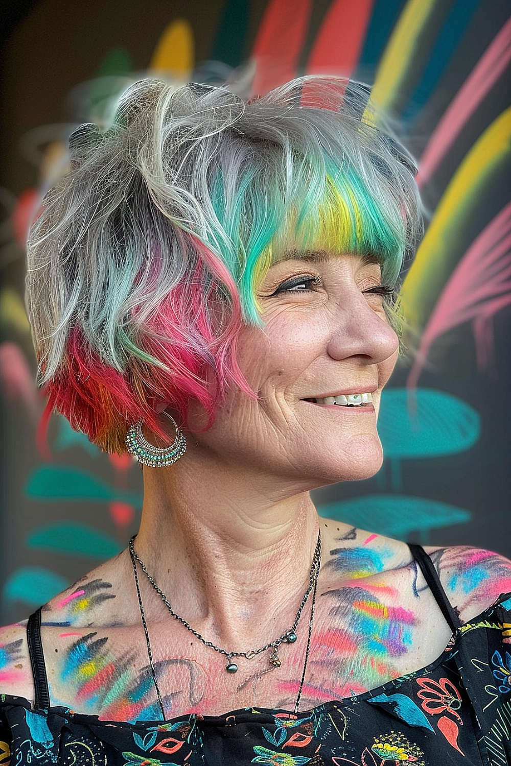 A woman with a shag haircut in pastel pink, turquoise, and silver tones