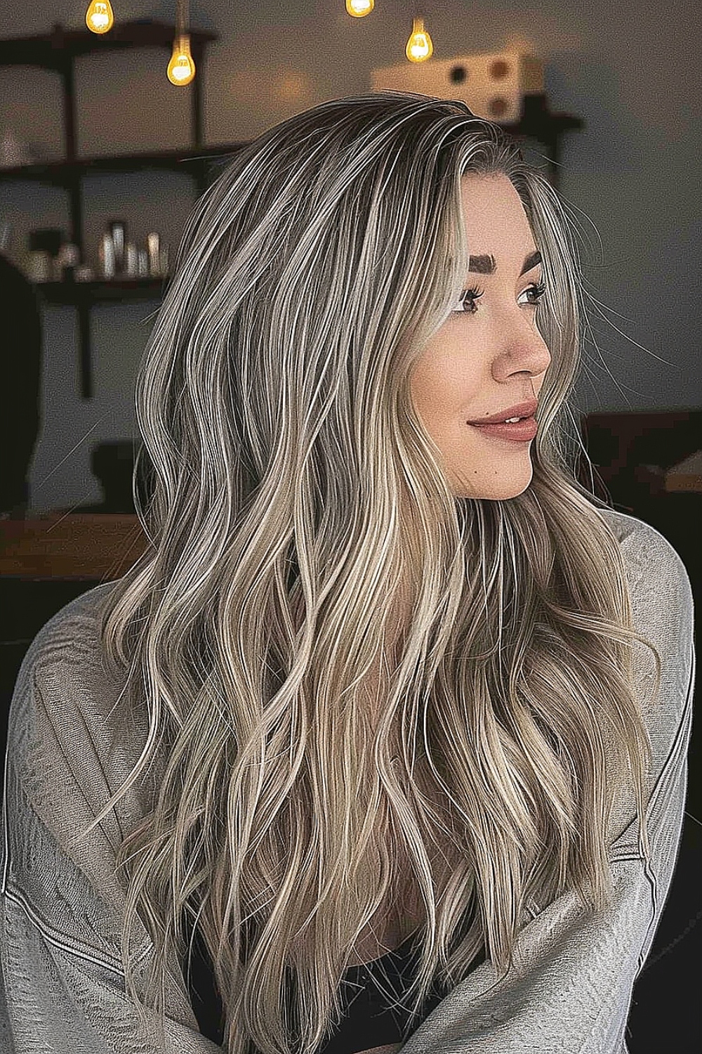 Woman with ash blonde hair and subtle highlights