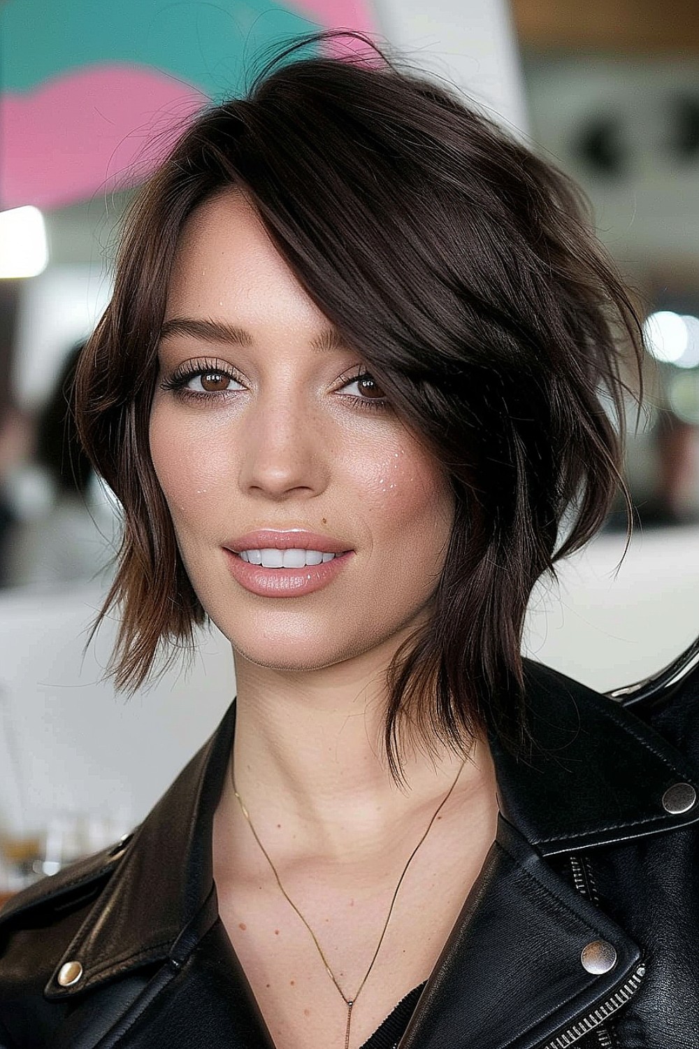 Asymmetrical bob with side-swept bangs and dark hair color