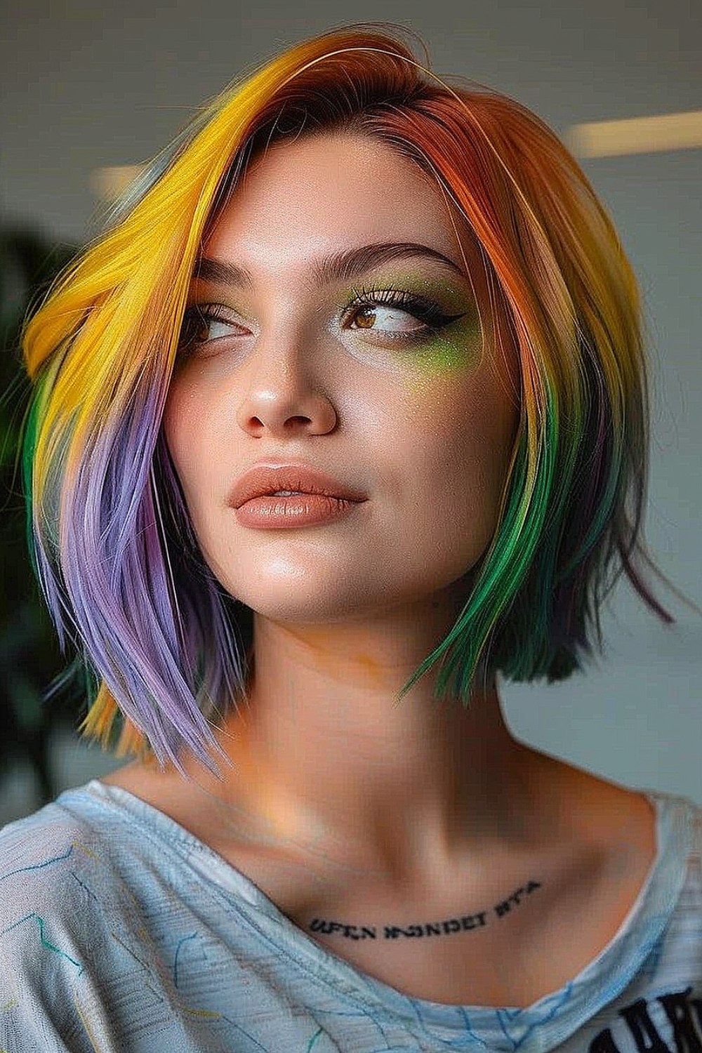 A woman with an asymmetrical bob featuring bold rainbow-colored streaks