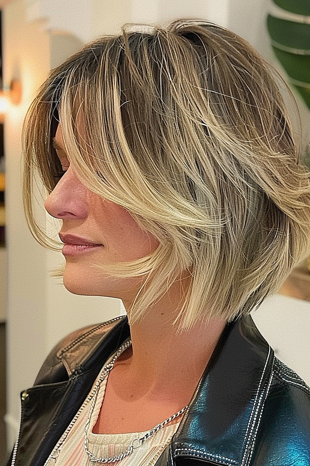 Woman with a blonde and brown balayage asymmetrical bob and soft curtain bangs