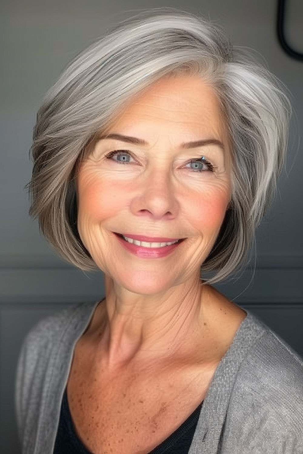 Woman with a modern silver asymmetrical bob with subtle highlights