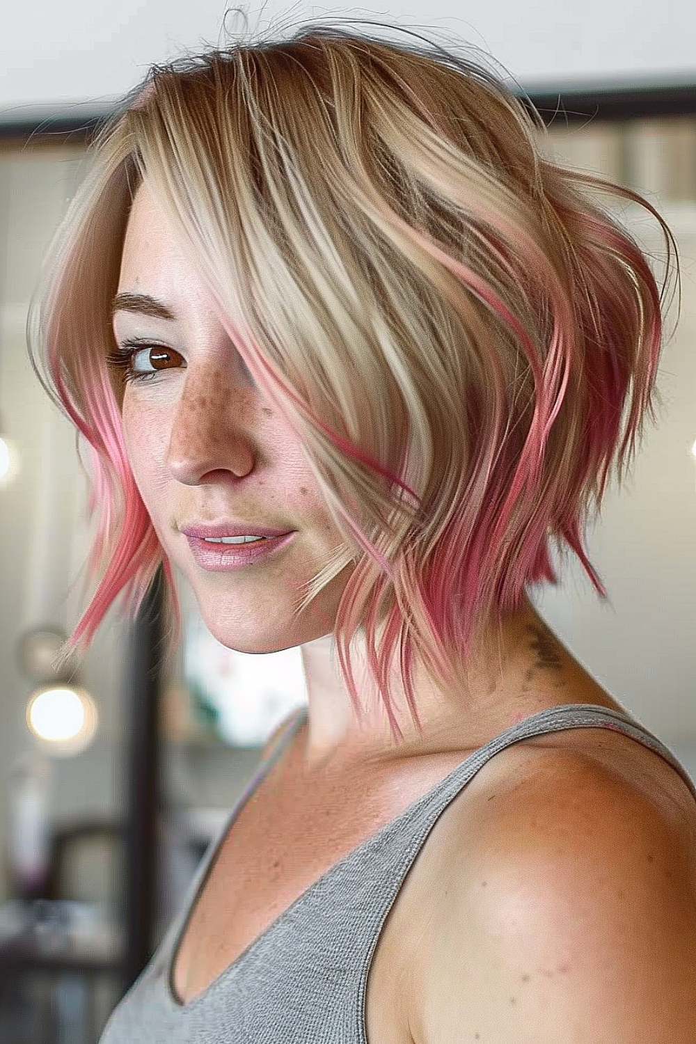 Woman with an asymmetrical bob and rose gold tips