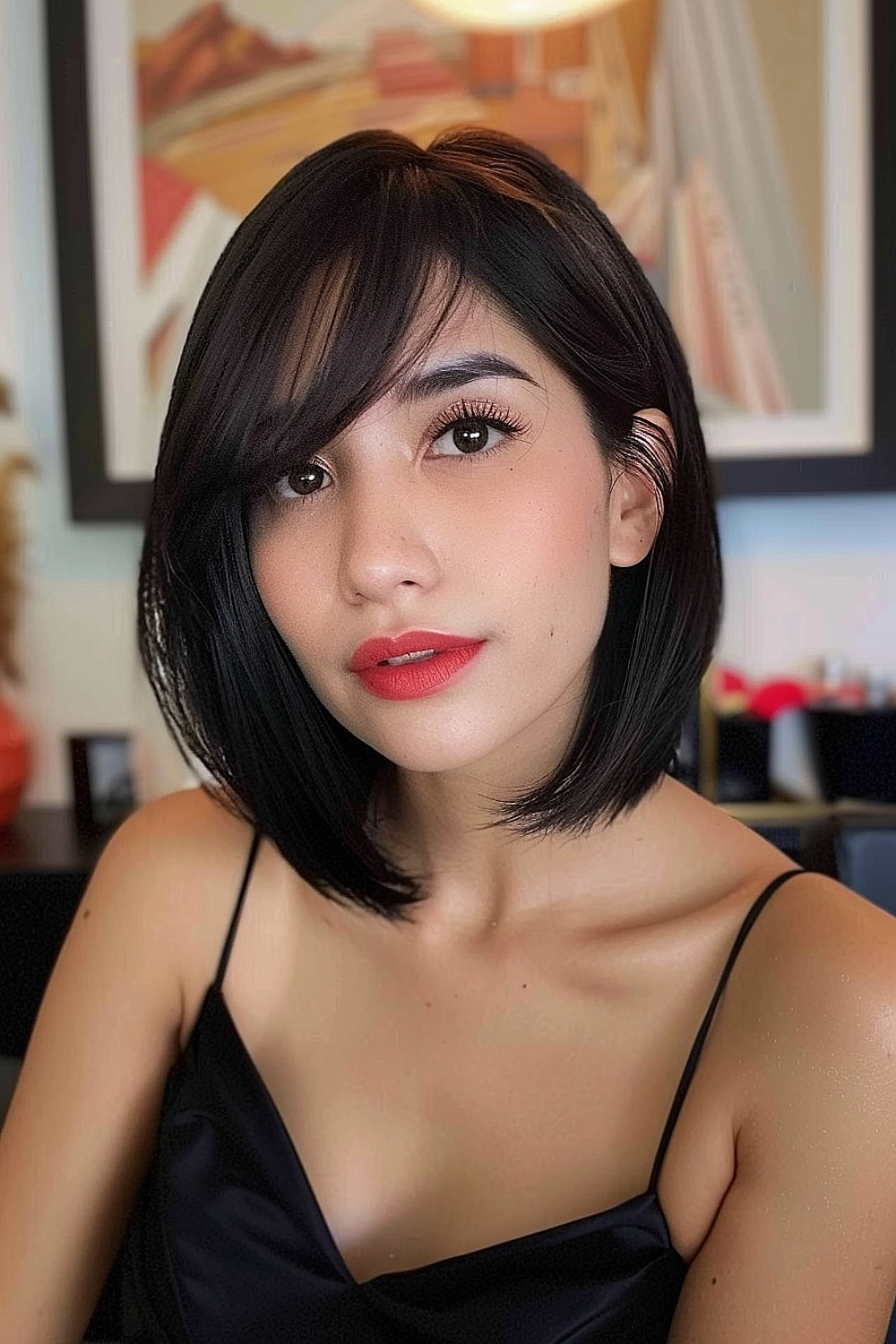 Woman with a sleek, jet black asymmetrical bob and side-swept bangs