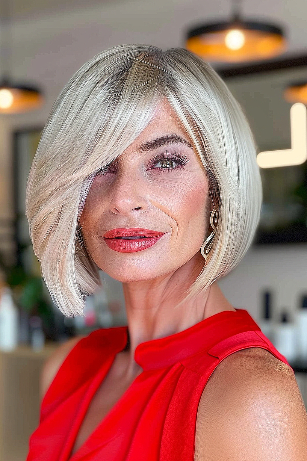 A chic asymmetrical bob with side-swept bangs in blended platinum shades